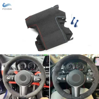 Suede Perforated Leather Red Blue Line Steering Wheel Trim For BMW M Sport F30 F31 F34 F45 F46 F22 F23 M235i M240i X1 F48 X2 F39